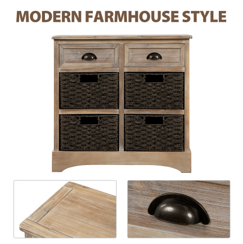 Rustic Storage Cabinet with Two Drawers and Four Classic Rattan Basket