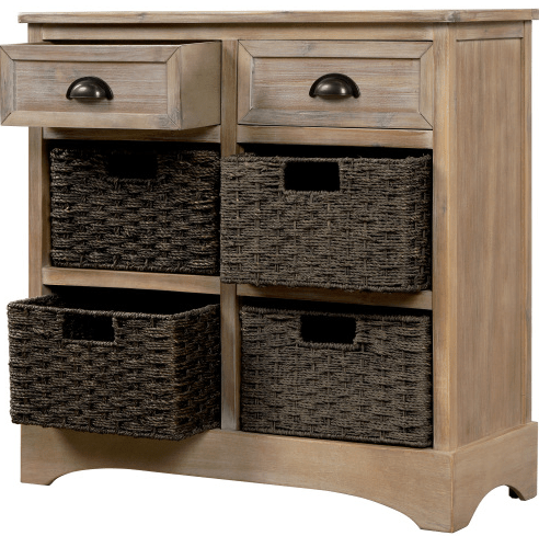 Rustic Storage Cabinet with Two Drawers and Four Classic Rattan Basket