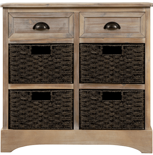 Rustic Storage Cabinet with Two Drawers and Four Classic Rattan Basket