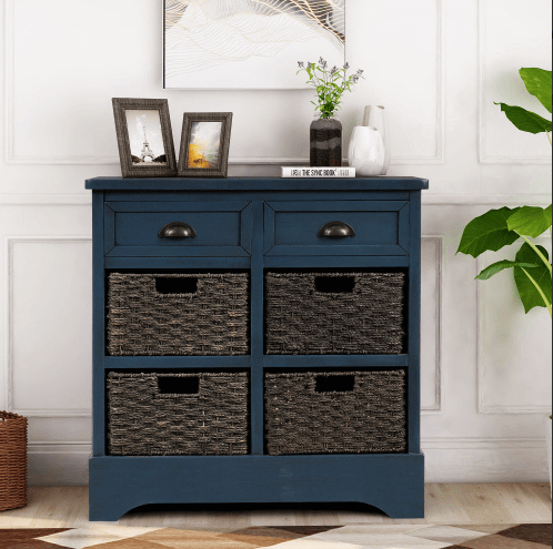Rustic Storage Cabinet with Two Drawers and Four Classic Rattan Basket