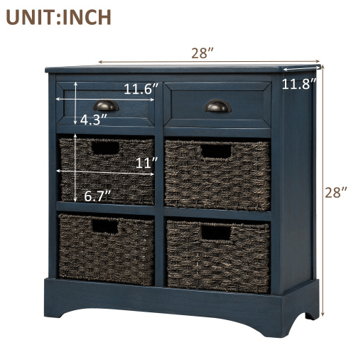 Rustic Storage Cabinet with Two Drawers and Four Classic Rattan Basket