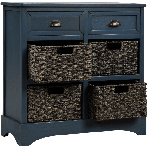 Rustic Storage Cabinet with Two Drawers and Four Classic Rattan Basket