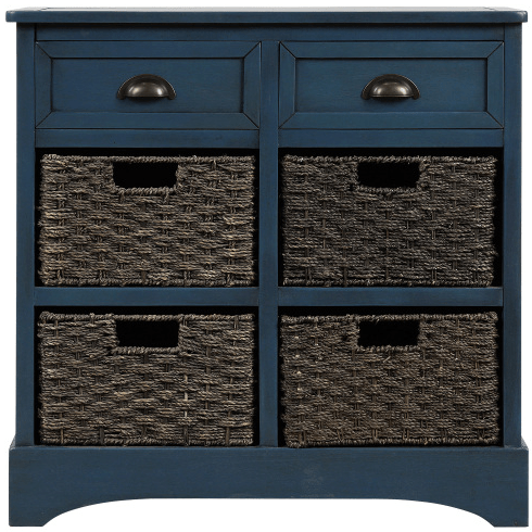 Rustic Storage Cabinet with Two Drawers and Four Classic Rattan Basket