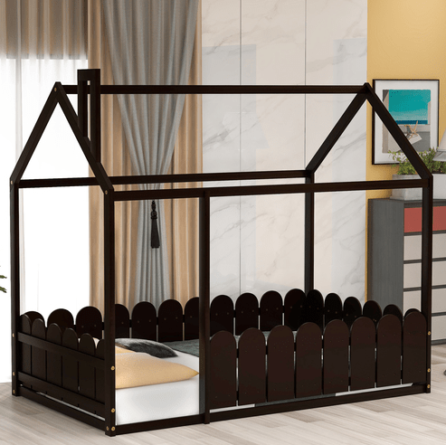 Twin Size Wood Bed House Bed Frame with Fence, for Kids