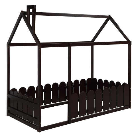 Twin Size Wood Bed House Bed Frame with Fence, for Kids
