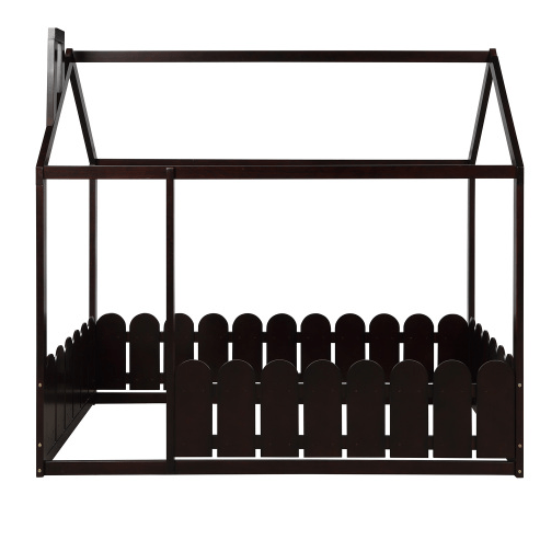 Twin Size Wood Bed House Bed Frame with Fence, for Kids