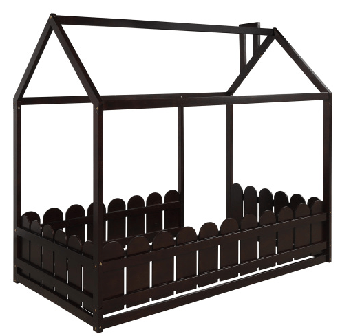Twin Size Wood Bed House Bed Frame with Fence, for Kids