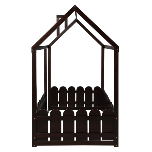 Twin Size Wood Bed House Bed Frame with Fence, for Kids