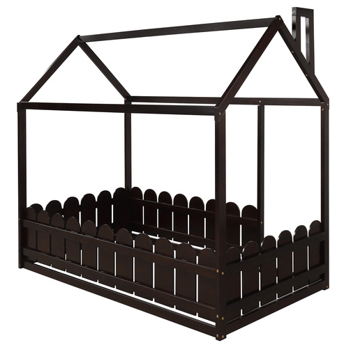 Twin Size Wood Bed House Bed Frame with Fence, for Kids