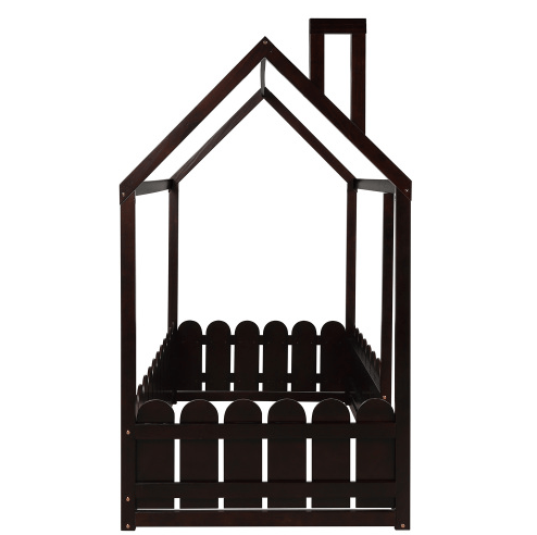 Twin Size Wood Bed House Bed Frame with Fence, for Kids