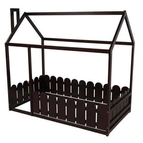 Twin Size Wood Bed House Bed Frame with Fence, for Kids