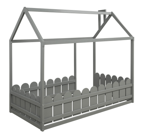Twin Size Wood Bed House Bed Frame with Fence, for Kids