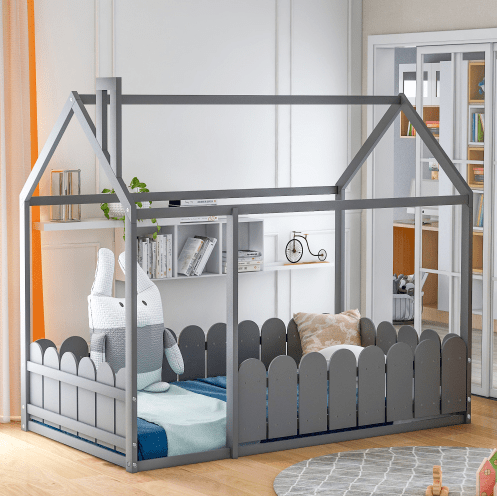 Twin Size Wood Bed House Bed Frame with Fence, for Kids