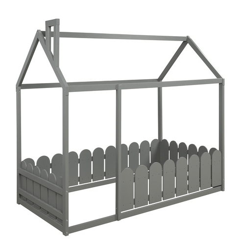 Twin Size Wood Bed House Bed Frame with Fence, for Kids