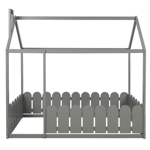 Twin Size Wood Bed House Bed Frame with Fence, for Kids