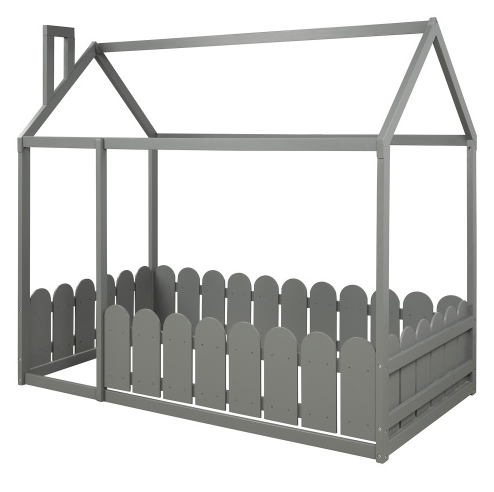 Twin Size Wood Bed House Bed Frame with Fence, for Kids