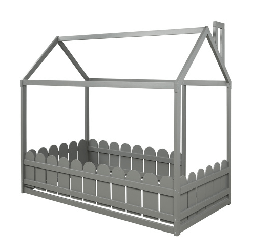 Twin Size Wood Bed House Bed Frame with Fence, for Kids