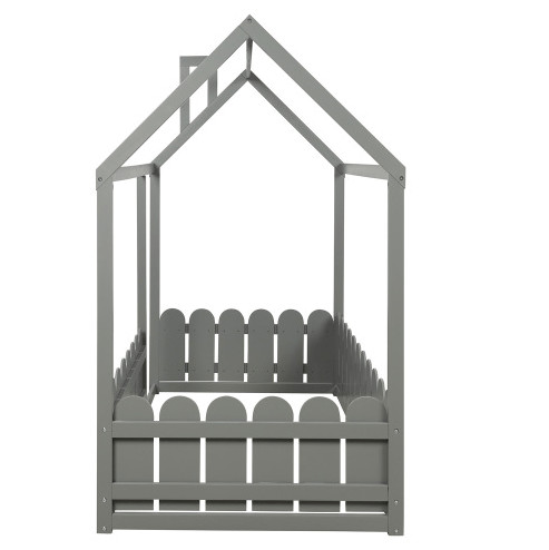 Twin Size Wood Bed House Bed Frame with Fence, for Kids