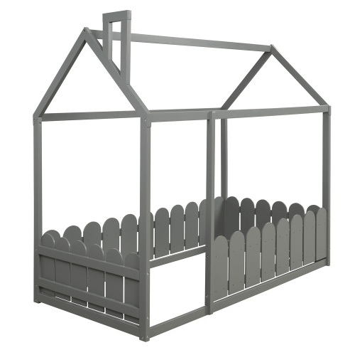 Twin Size Wood Bed House Bed Frame with Fence, for Kids