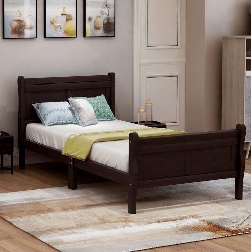 Wood Sleigh Bed with Headboard/Footboard/Wood Slat Support