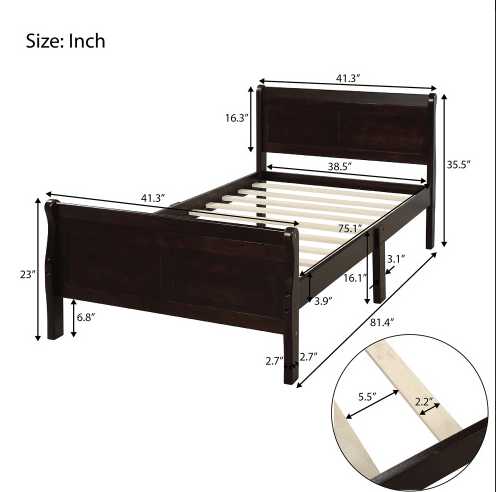 Wood Sleigh Bed with Headboard/Footboard/Wood Slat Support