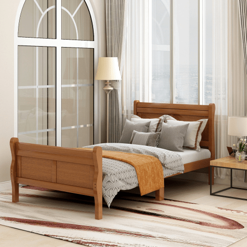 Wood Sleigh Bed with Headboard/Footboard/Wood Slat Support
