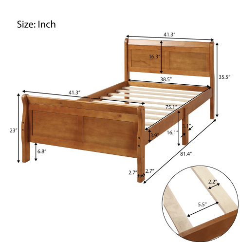 Wood Sleigh Bed with Headboard/Footboard/Wood Slat Support