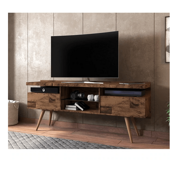 63 Inch Wooden Entertainment TV Media Stand with 4 Open Compartments