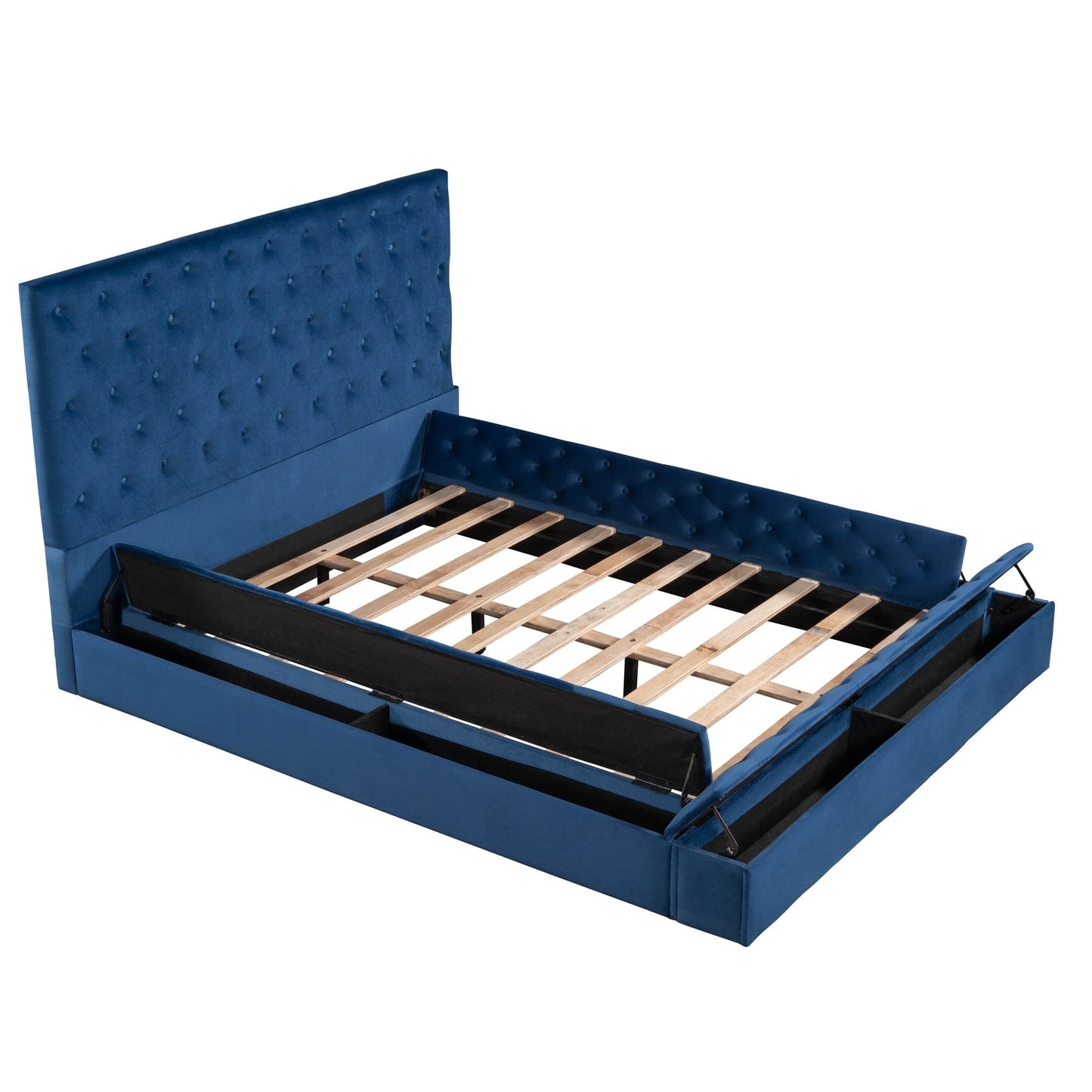 Queen Size Upholstery Low Profile Storage Platform Bed with Storage Space on both Sides and Footboard,Blue