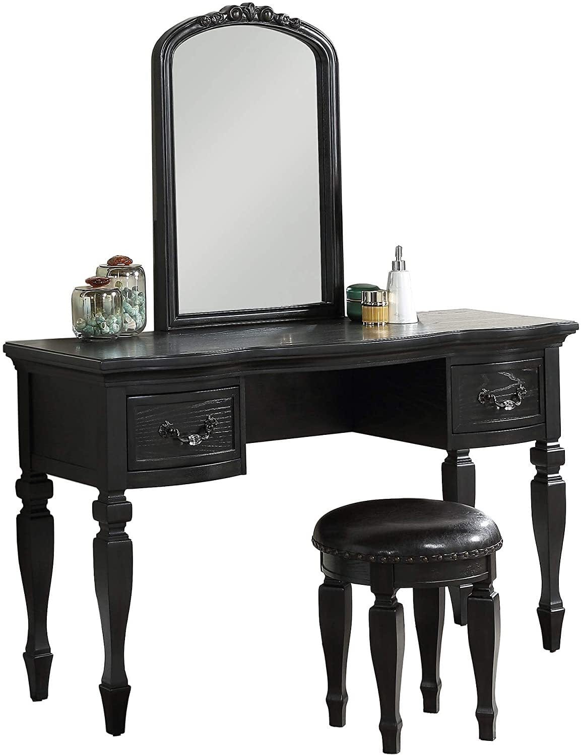 Bedroom Classic Vanity Set Wooden Carved Mirror Stool Drawers Black Color