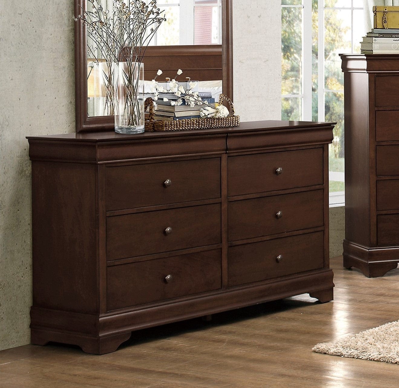 Brown Cherry Finish Louis Phillipe Style Bedroom Furniture 1pc Dresser of 6x Drawers Hidden Drawers Wooden Furniture