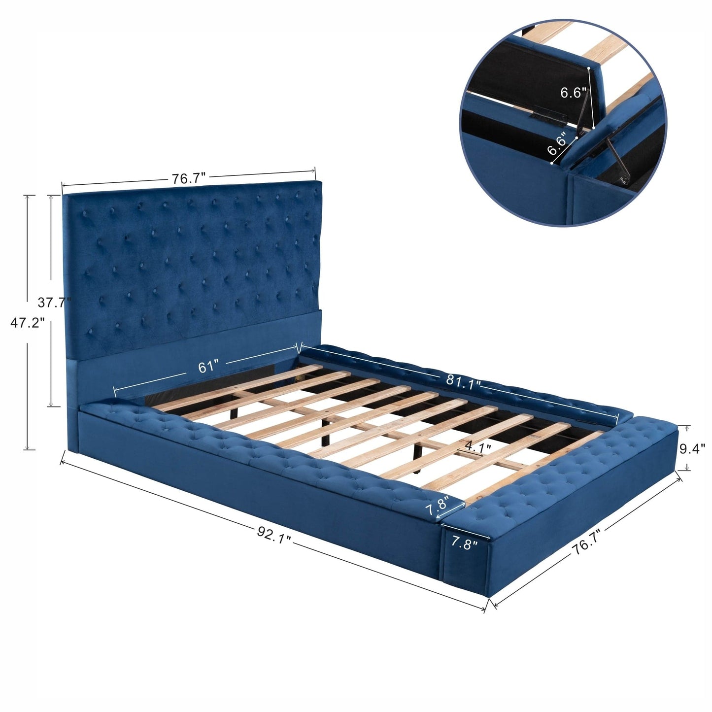 Queen Size Upholstery Low Profile Storage Platform Bed with Storage Space on both Sides and Footboard,Blue