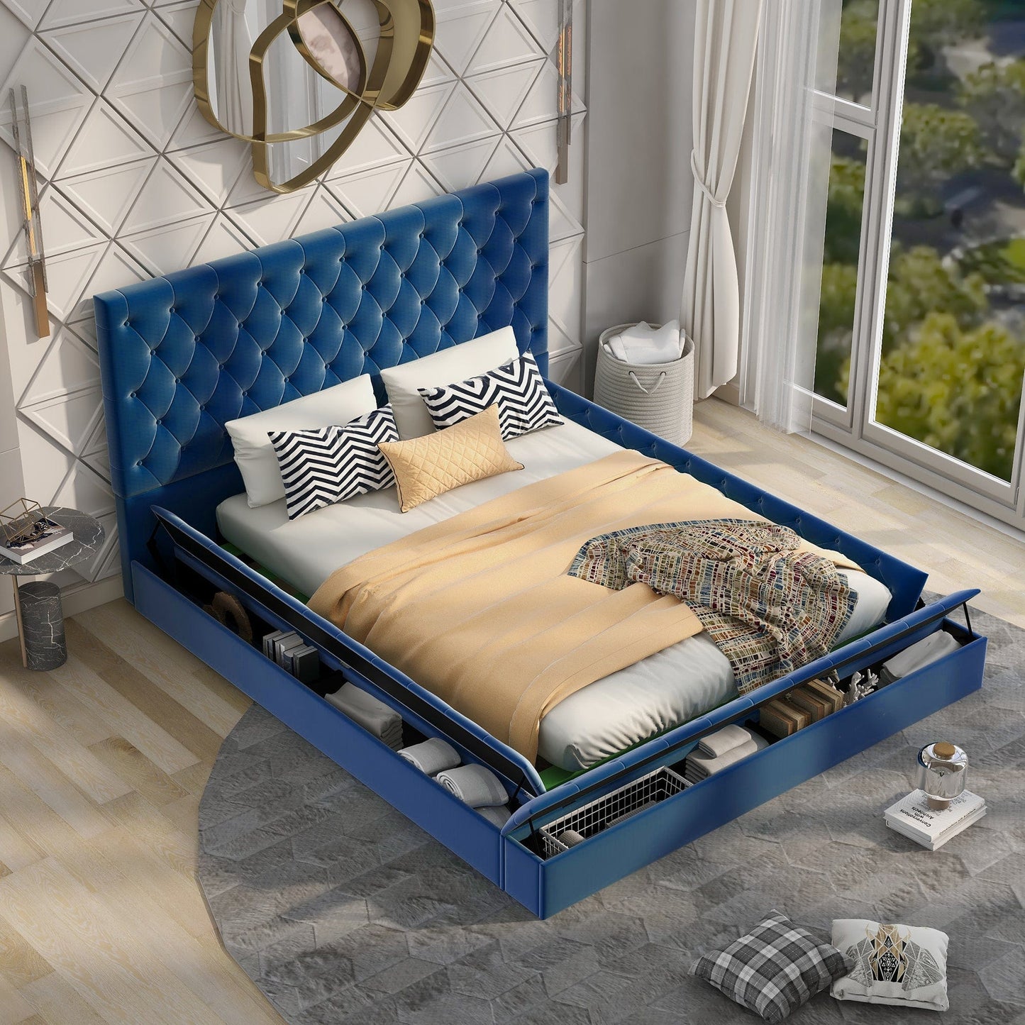 Queen Size Upholstery Low Profile Storage Platform Bed with Storage Space on both Sides and Footboard,Blue