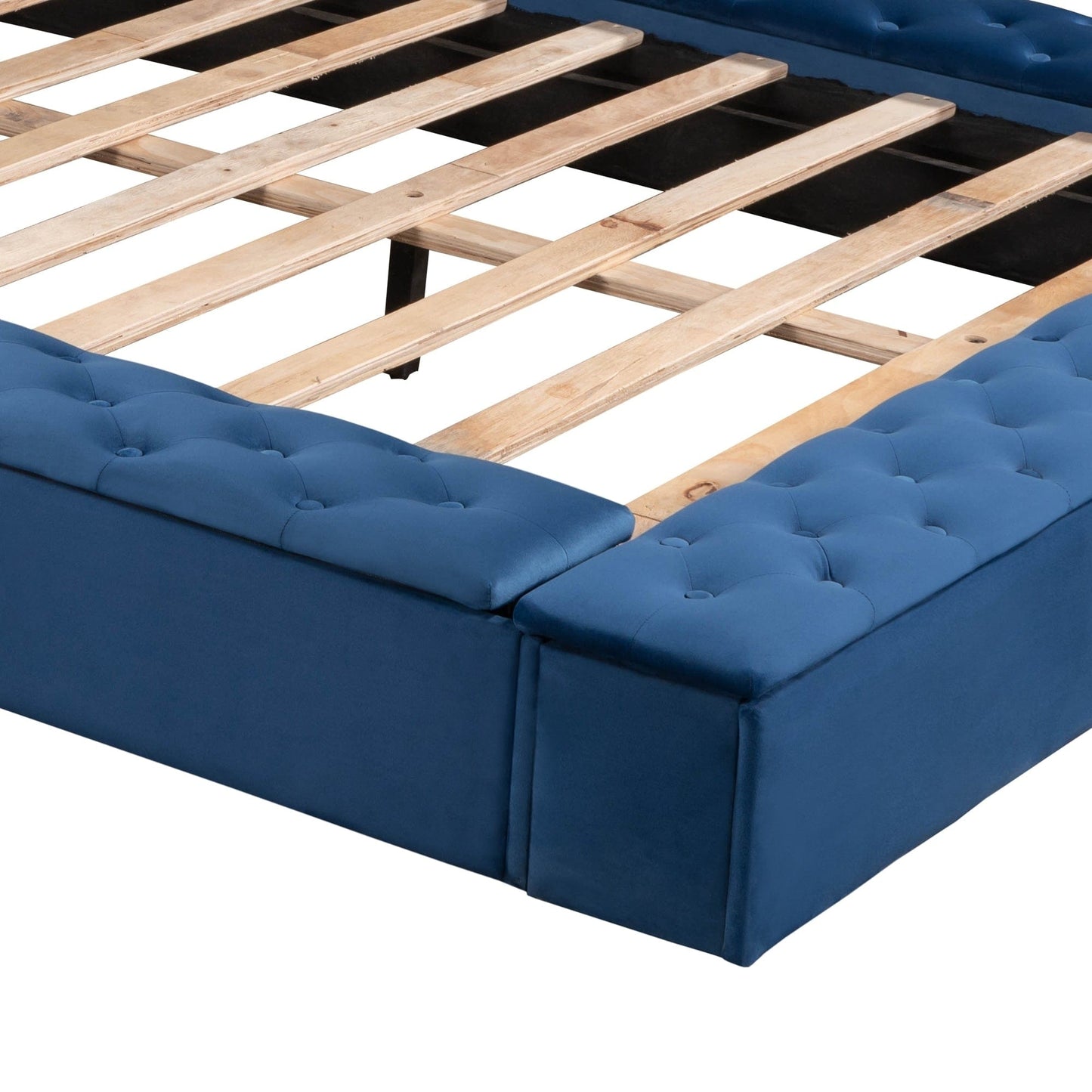 Queen Size Upholstery Low Profile Storage Platform Bed with Storage Space on both Sides and Footboard,Blue