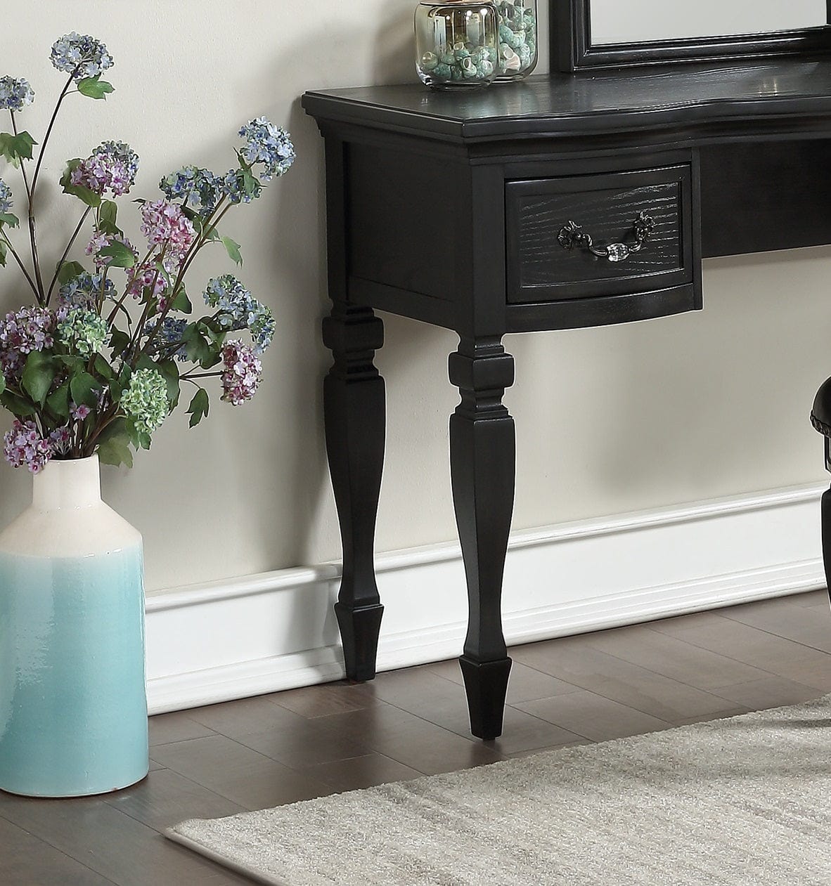 Bedroom Classic Vanity Set Wooden Carved Mirror Stool Drawers Black Color