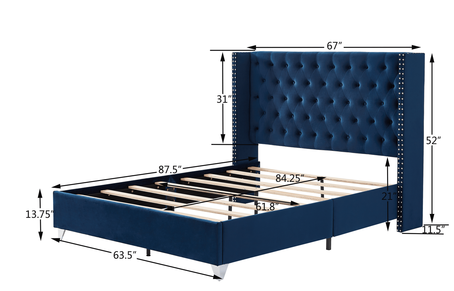 B100S Queen bed with two nightstands, Button designed Headboard,strong wooden slats + metal legs with Electroplate