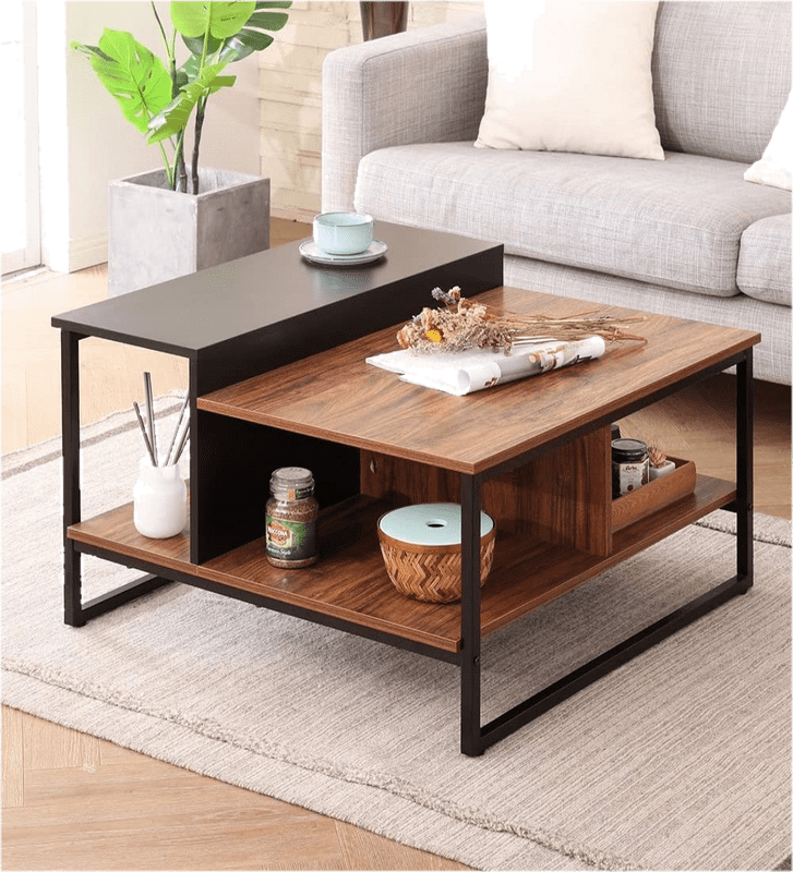 Industrial Square Coffee Table With Storage Shelves For Living Room or Bedroom 31.5", Walnut/Black