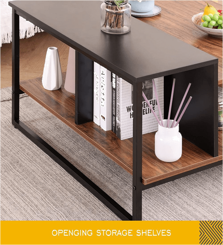 Industrial Square Coffee Table With Storage Shelves For Living Room or Bedroom 31.5", Walnut/Black