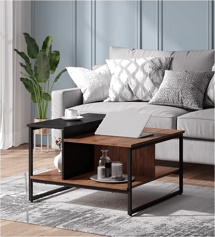 Industrial Square Coffee Table With Storage Shelves For Living Room or Bedroom 31.5", Walnut/Black