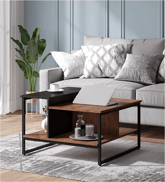 Industrial Square Coffee Table With Storage Shelves For Living Room or Bedroom 31.5", Walnut/Black