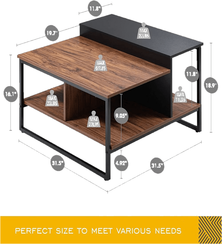 Industrial Square Coffee Table With Storage Shelves For Living Room or Bedroom 31.5", Walnut/Black