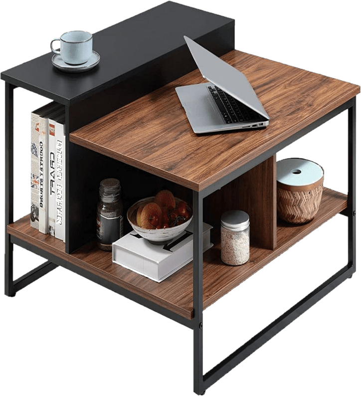 Industrial Square Coffee Table With Storage Shelves For Living Room or Bedroom 31.5", Walnut/Black