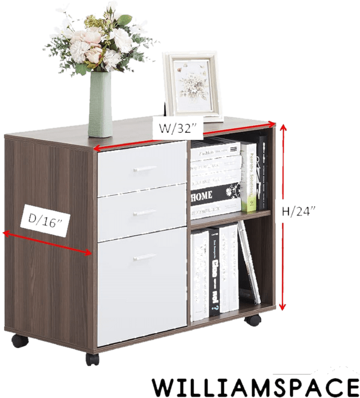 Lateral File Cabinet With 3 Drawers, 2 Open Storage Shelves & 5 Rolling Wheels