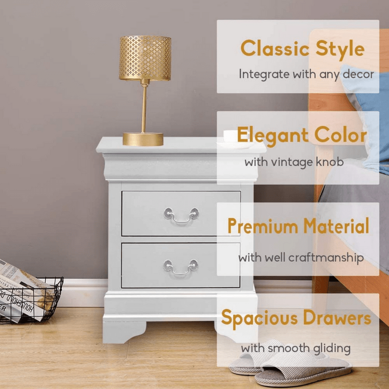 2 Drawers White Nightstand Modern Wooden Storage Cabinet