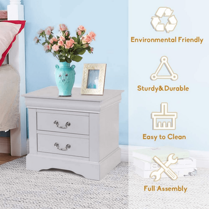 2 Drawers White Nightstand Modern Wooden Storage Cabinet