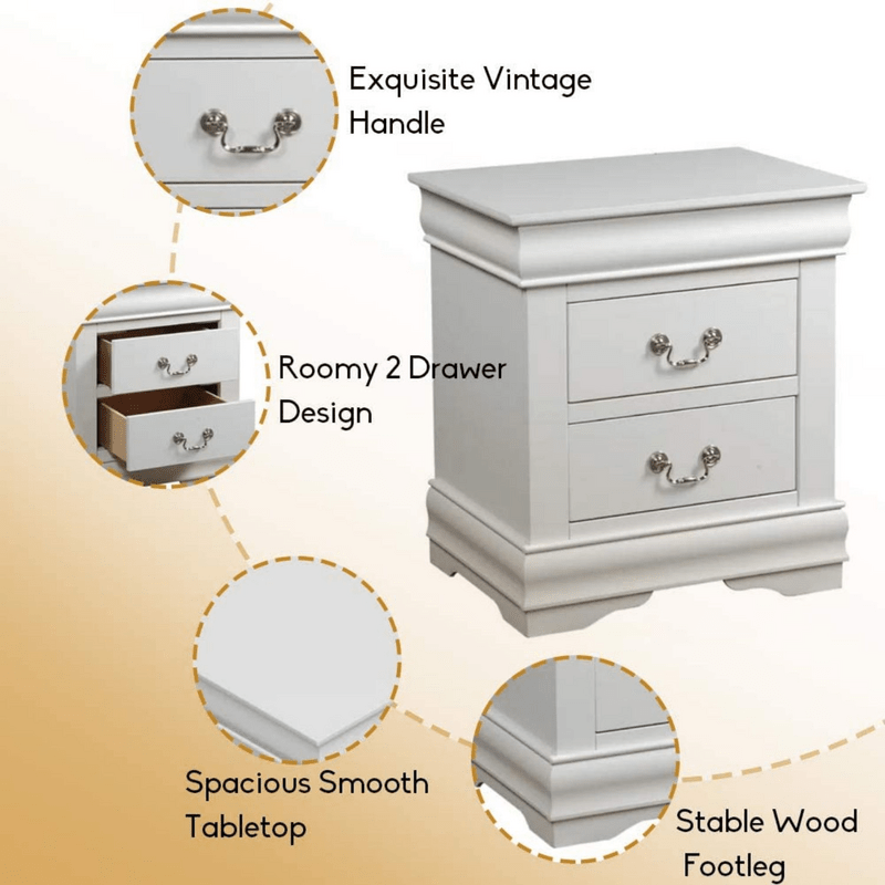 2 Drawers White Nightstand Modern Wooden Storage Cabinet
